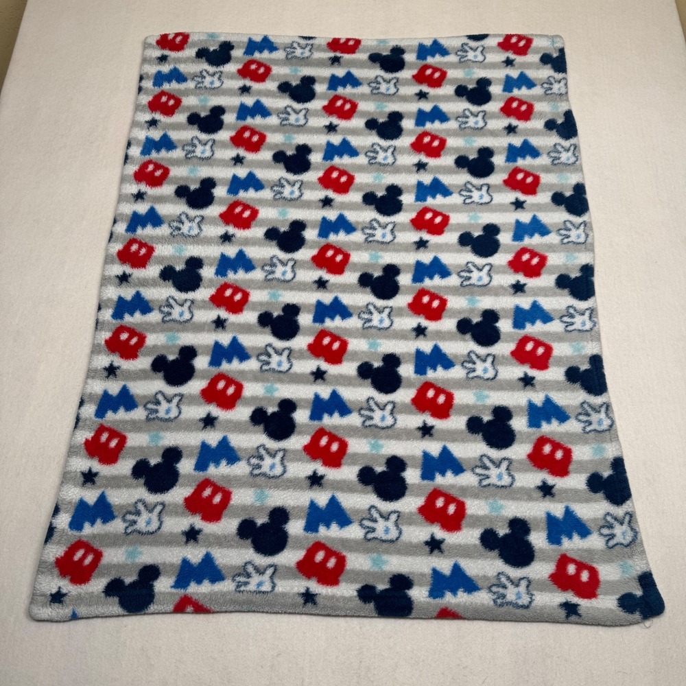 Disney Baby Mickey Mouse Fleece Blanket Grey Striped Red Blue 30x40